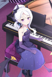 Rule 34 | 1girl, absurdres, black footwear, black horns, black wings, blue archive, closed mouth, demon horns, demon wings, dress, elbow gloves, gloves, grand piano, halo, highres, hina (blue archive), hina (dress) (blue archive), horns, instrument, jewelry, long hair, looking at viewer, necklace, official alternate costume, official alternate hairstyle, pendant, piano, piano bench, purple dress, purple eyes, purple gloves, shoes, sitting, smile, solo, white hair, wings, yoi0341