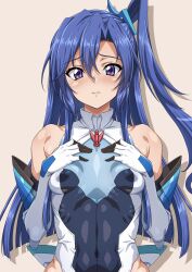 1girl absurdres bare_shoulders blue_eyes blue_hair blush breasts closed_mouth covered_navel elbow_gloves gloves highres kazanari_tsubasa leotard long_hair looking_at_viewer senki_zesshou_symphogear side_ponytail skin_tight small_breasts solo syunzou upper_body