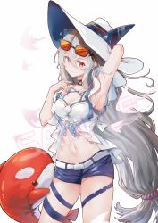 Rule 34 | 1girl, absurdres, ahoge, arknights, arm behind head, armpits, bare shoulders, black choker, blue shorts, breasts, chinese commentary, choker, cleavage, closed mouth, commentary, cowboy shot, eyewear on head, hat, highres, kaguyamaou, light smile, long hair, looking at viewer, low-tied long hair, medium breasts, midriff, navel, off-shoulder shirt, off shoulder, official alternate costume, red eyes, sample watermark, shirt, short shorts, shorts, silver hair, simple background, skadi (arknights), skadi (waverider) (arknights), solo, standing, stomach, stuffed animal, stuffed orca, stuffed toy, sun hat, sunglasses, swimsuit, thigh strap, thighs, very long hair, watermark, white background, white hat, white shirt