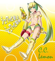 Rule 34 | 1girl, blonde hair, boots, c.c. lemon, c.c. lemon (character), choker, fingerless gloves, gloves, gradient hair, green eyes, green hair, jewelry, leaf, long hair, makisige, matching hair/eyes, multicolored hair, necklace, solo, text focus, thigh boots, thighhighs, translation request, twintails