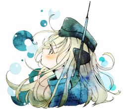 Rule 34 | 1girl, antennae, blonde hair, bubble, commentary request, cropped torso, dated, from side, grey eyes, hat, highres, ichigo6480, kantai collection, looking up, portrait, profile, solo, twitter username, u-511 (kancolle), watercolor effect