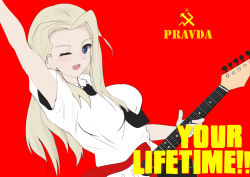 Rule 34 | 10s, 1girl, absurdres, armpit , armpits, blonde hair, blue eyes, clara (girls und panzer), dress shirt, electric guitar, emblem, girls und panzer, guitar, hanzawa821, highres, holding, instrument, long hair, looking at viewer, necktie, one eye closed, open mouth, pointing, pravda (emblem), red background, shirt, short sleeves, smile, solo, white shirt