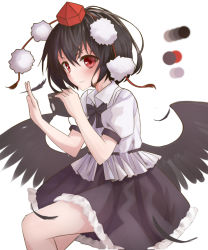 Rule 34 | &gt;:), 1girl, bad id, bad pixiv id, black bow, black bowtie, black hair, black skirt, black wings, blush, bow, bowtie, camera, collared shirt, cowboy shot, feathered wings, feathers, frilled skirt, frills, hat, highres, lo-ta, looking at viewer, pom pom (clothes), puffy short sleeves, puffy sleeves, red eyes, red hat, shameimaru aya, shirt, short hair, short sleeves, skirt, smile, solo, tokin hat, touhou, v-shaped eyebrows, white background, white shirt, wings