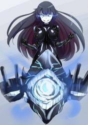 Rule 34 | 10s, 1girl, abyssal ship, aqua eyes, ayuayu (shouyu no sato), black bodysuit, bodysuit, breasts, evil grin, evil smile, female focus, glowing, glowing eyes, grin, kantai collection, large breasts, latex, latex suit, light cruiser oni, long hair, looking at viewer, smile, solo, teeth