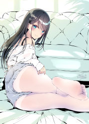 Rule 34 | 1girl, aqua eyes, ass, bare shoulders, black hair, blouse, blush, carpet, closed mouth, couch, dated, denim, denim shorts, feet, hair ornament, hairclip, highres, indoors, kobayashi chisato, long hair, long sleeves, looking at viewer, lying, no shoes, off-shoulder shirt, off shoulder, on side, original, pantyhose, shirt, shorts, signature, sleeves past wrists, smile, soles, solo, swept bangs, thighband pantyhose, toes, white pantyhose, white shirt