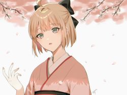 Rule 34 | 1girl, black bow, bow, cherry blossoms, falling petals, fate/grand order, fate (series), green eyes, hair bow, half updo, head tilt, highres, japanese clothes, kimono, koha-ace, looking at viewer, nail polish, okita souji (fate), okita souji (koha-ace), oshage (osyage921), parted lips, petals, pink kimono, pink nails, platinum blonde hair, sidelocks, signature, solo, upper body