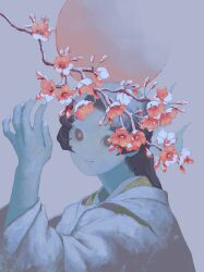 Rule 34 | 1girl, blue skin, branch, closed mouth, colored skin, fingernails, flower, from side, grey background, grey eyes, gtsleep1200, hand up, highres, japanese clothes, kariginu, long hair, looking at viewer, looking to the side, making-of available, no nose, original, pink flower, purgatorial red, red sun, simple background, solo, upper body