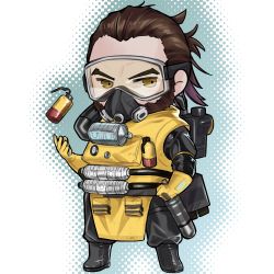 Rule 34 | 1boy, animification, apex legends, beard, black footwear, boots, brown hair, caustic (apex legends), chibi, clenched hand, facial hair, gas mask, gloves, goggles, hair behind ear, looking at viewer, looking to the side, mask, nagitofuu, smoke grenade, solo, standing, yellow gloves