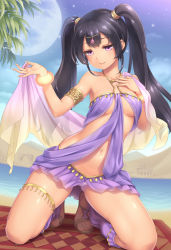 Rule 34 | 1girl, arabian clothes, armlet, bangle, beach, black hair, bracelet, breasts, circlet, desert, feet, full moon, half-closed eyes, hand on own chest, jewelry, kneeling, lake, light smile, long hair, moon, navel, ocean, original, outdoors, purple eyes, sand, sandals, sasaame, shawl, sky, small breasts, smile, solo, star (sky), starry sky, toes, tree, twintails, underboob, water