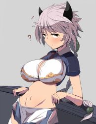 Rule 34 | 10s, 1girl, ?, against wall, artist request, asymmetrical hair, braid, breasts, cleavage cutout, clothing cutout, cloud print, crop top, female focus, from side, horns, jitome, kantai collection, kawa mura, large breasts, long hair, looking at viewer, midriff, navel, silver hair, single braid, solo, thighhighs, unryuu (kancolle), very long hair, yellow eyes