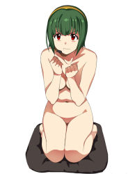 Rule 34 | 1girl, a1 (initial-g), barefoot, bob cut, breasts, cleavage, clenched hand, clenched hands, collarbone, cushion, full body, green hair, groin, headset, idolmaster, idolmaster (classic), medium breasts, mole, mole under mouth, navel, nude, otonashi kotori, red eyes, seiza, short hair, simple background, sitting, solo, zabuton
