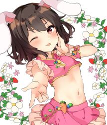 Rule 34 | 1girl, ;p, alternate costume, animal ears, blush, brown hair, carrot, clip studio paint (medium), commentary request, cowboy shot, crop top, crop top overhang, flat chest, floppy ears, floral background, flower, frilled skirt, frills, hand on own cheek, hand on own face, highres, inaba tewi, karasusou nano, looking at viewer, midriff, miniskirt, navel, one eye closed, outstretched arm, pink skirt, plant, pointing, pointing at viewer, rabbit ears, rabbit girl, rabbit tail, red eyes, short hair, single wrist cuff, skirt, skirt set, sleeveless, smile, solo, stomach, tail, tongue, tongue out, touhou, wavy hair, white background, white tail, wrist cuffs