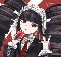Rule 34 | 1girl, :o, black hair, black nails, bonnet, card, celestia ludenberg, danganronpa: trigger happy havoc, danganronpa (series), drill hair, frills, gothic lolita, highres, holding, holding card, jacket, lolita fashion, long hair, long sleeves, looking at viewer, nail polish, necktie, playing card, red background, red eyes, simple background, solo, sparkle, twin drills, twintails, zui nianshao