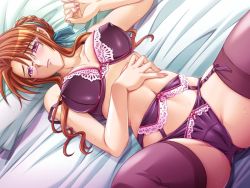 Rule 34 | 1girl, bra, cameltoe, covered erect nipples, game cg, garter belt, gedou yuusha, hip focus, lingerie, lying, nail polish, nomad, on back, panties, purple bra, purple panties, shy, solo, spread legs, thick thighs, thighhighs, thighs, underwear, wide hips