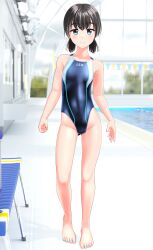 Rule 34 | 1girl, absurdres, barefoot, bench, black hair, black one-piece swimsuit, breasts, clothes writing, commentary request, competition swimsuit, full body, gluteal fold, green eyes, highres, indoors, looking at viewer, low twintails, multicolored clothes, multicolored swimsuit, one-piece swimsuit, original, pool, short hair, small breasts, solo, standing, string of flags, swimsuit, takafumi, twintails