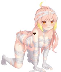 Rule 34 | 1girl, ahoge, all fours, arm tattoo, bandages, bat tattoo, blonde hair, blush, breasts, closed mouth, commentary request, full body, halloween, halloween costume, highres, hira hikari, long hair, looking at viewer, medium bangs, medium breasts, mummy costume, naked bandage, nanashi inc., orange eyes, pink hair, rin (0917608), simple background, solo, tattoo, transparent background, virtual youtuber, wavy mouth