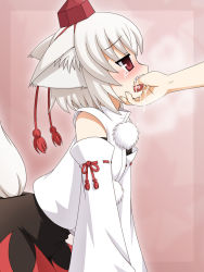 Rule 34 | 1girl, animal ears, blush, detached sleeves, female focus, finger in another&#039;s mouth, finger in own mouth, haruna mao, hat, inubashiri momiji, profile, red eyes, saliva, short hair, silver hair, solo, tail, tassel, tears, tokin hat, touhou, wolf ears, wolf tail