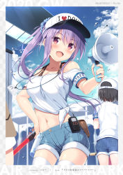 Rule 34 | 2girls, :d, bare shoulders, baseball cap, blue shorts, bra strap, breasts, cloud, collarbone, cowboy shot, crop top, day, denim, denim shorts, fang, front-tie top, hair between eyes, hair ornament, hair scrunchie, hand on own hip, hat, highres, holding, id card, long hair, looking at viewer, medium breasts, megaphone, midriff, multiple girls, navel, off-shoulder shirt, off shoulder, open mouth, original, outdoors, ponytail, pouch, purple hair, red eyes, scrunchie, shirt, short shorts, short sleeves, shorts, sidelocks, sky, smile, solo focus, standing, thighhighs, tomoo (tomo), walkie-talkie, white headwear, white legwear, white shirt