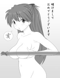 Rule 34 | 1girl, alternate breast size, blush, breast hold, breast press, breasts, breasts squeezed together, convenient censoring, grabbing own breast, greyscale, hair ornament, highres, large breasts, long hair, looking at viewer, monochrome, navel, neon genesis evangelion, pixiv1478062, solo, souryuu asuka langley, translation request, two side up, very long hair