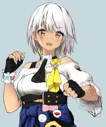 Rule 34 | 1girl, :d, bare shoulders, black jacket, blue background, blue jacket, blue nails, carole peppers, clothes around waist, fingerless gloves, gloves, highres, honkai (series), honkai impact 3rd, jacket, jacket around waist, looking at viewer, nail polish, open mouth, rouge 0000, shirt, short hair, short sleeves, simple background, smile, solo, upper body, white background, white hair, white shirt, yellow eyes