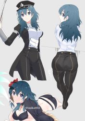 Rule 34 | 1girl, absurdres, alternate costume, ascot, ass, bent over, bikini, black bikini, black capelet, black headwear, black jacket, black pants, blue eyes, blue hair, breasts, byleth (female) (fire emblem), byleth (female) (summer) (fire emblem), byleth (fire emblem), capelet, cleavage, closed mouth, collared shirt, commentary, cowboy shot, fire emblem, fire emblem: three houses, fire emblem heroes, flower, from behind, garreg mach monastery uniform, grey background, hair between eyes, hair flower, hair ornament, hand on own cheek, hand on own face, hat, hibiscus, highres, ijiro suika, jacket, leaning forward, long hair, long sleeves, looking at viewer, looking back, lying, medium breasts, military, military hat, military uniform, multiple views, nintendo, official alternate costume, on stomach, open clothes, open jacket, pants, shirt, simple background, smile, standing, swimsuit, twitter username, uniform, waist cape, white shirt