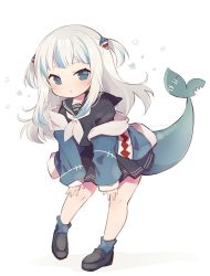 Rule 34 | 1girl, aruya (flosrota), black shirt, blouse, blue eyes, blunt bangs, fins, fish tail, full body, gawr gura, hair ornament, hololive, hololive english, leaning forward, long hair, looking at viewer, parted lips, school uniform, serafuku, shark hair ornament, shark tail, shirt, silver hair, simple background, solo, standing, tail, triangle mouth, two side up, virtual youtuber, white background