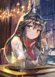 Rule 34 | 1girl, alternate costume, animal ear fluff, animal ears, arknights, black hair, blush, brown eyes, cigarette, commentary request, cup, grey sweater, hair between eyes, hand up, highres, holding, holding cigarette, indoors, long hair, long sleeves, looking at viewer, mug, night, partial commentary, seozo, smoke, solo, steam, sweater, texas (arknights), upper body, window, wolf ears