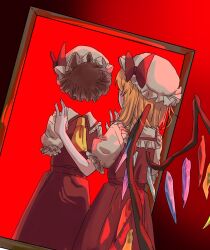 Rule 34 | 1girl, anzu remilia, blonde hair, commentary, crystal, different reflection, facing away, flandre scarlet, from behind, hands up, hat, hat ribbon, medium hair, mirror, mob cap, no reflection, puffy sleeves, red background, reflection, ribbon, short sleeves, solo, touhou, vampire, wings