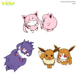 Rule 34 | 1girl, ^ ^, aimaina, brown dress, brown eyes, brown hair, closed eyes, colored sclera, colored skin, cosplay, creatures (company), dress, eevee, eevee (cosplay), eevee ears, eevee tail, from above, from side, game freak, gen 1 pokemon, gengar, gengar (cosplay), green eyes, highres, holding, holding microphone, jigglypuff, jigglypuff (cosplay), looking at viewer, microphone, neck fur, nintendo, no mouth, official art, open mouth, pink dress, pink hair, pinocchio-p, pocket no monster (vocaloid), pokemon, pokemon (creature), pokemon ears, project voltage, purple dress, purple hair, red eyes, red sclera, smile, standing, standing on one leg, twintails, vocaloid, white background, white skin