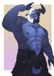 Rule 34 | 1boy, abs, absurdres, bara, beard, black sclera, blue skin, chest tattoo, colored sclera, colored skin, commission, cowboy shot, dungeons &amp; dragons, facial hair, flexing, full beard, getonjbart, highres, large pectorals, looking at viewer, male focus, mature male, mismatched eyebrows, multicolored hair, muscular, muscular male, navel, nipples, pectorals, pointy ears, ronin (saberhoneybee), short hair, solo, split-color hair, stomach, strongman waist, tattoo, thick beard, thick eyebrows, topless male, tusks, two-tone beard, white eyes