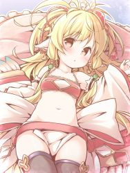 Rule 34 | 10s, 1girl, animal ears, bandeau, black thighhighs, blonde hair, blush, breasts, detached sleeves, earrings, granblue fantasy, jewelry, kibushi, long hair, looking at viewer, lying, mahira (granblue fantasy), navel, on back, pelvic curtain, red eyes, small breasts, solo, stomach, thighhighs, wide sleeves
