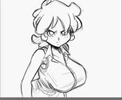 Rule 34 | 1girl, animated, animated gif, breasts, cleavage, fighting, huge breasts, monochrome, nipples, original, outdoors, parody, short hair, unbuttoned, yves bigerel