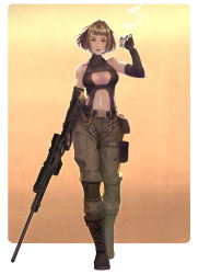 Rule 34 | 1girl, absurdres, ai arctic warfare, blonde hair, bolt action, cigarette, cleavage cutout, clothing cutout, commentary, elbow gloves, fingerless gloves, full body, gloves, gun, highres, holding, holding cigarette, holding gun, holding weapon, isono wataru, knee pads, original, rifle, short hair, sniper rifle, solo, walking, weapon, yellow eyes