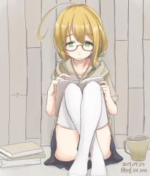 Rule 34 | 1girl, ahoge, blonde hair, blue skirt, book, crossed ankles, cup, dated, glasses, green eyes, hair ribbon, highres, i-8 (kancolle), infini, kantai collection, low twintails, pleated skirt, reading, red-framed eyewear, ribbon, semi-rimless eyewear, sitting, skirt, solo, thighhighs, twintails, twitter username, under-rim eyewear, white thighhighs