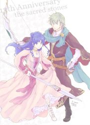 Rule 34 | alternate costume, anniversary, arrow (projectile), artist name, bad id, bad pixiv id, belt, blue eyes, blue hair, boots, bow, breasts, brother and sister, capelet, cleavage, copyright name, corset, cross-laced footwear, dagger, dress, earrings, fire emblem, fire emblem: the sacred stones, full body, gloves, green hair, highres, inagi, innes (fire emblem), jewelry, knife, lance, long hair, long sleeves, looking at viewer, medium breasts, necklace, nib pen (medium), nintendo, pink dress, polearm, ponytail, quiver, robe, sash, scabbard, scarf, sheath, siblings, skirt hold, smile, tana (fire emblem), traditional media, weapon, white gloves