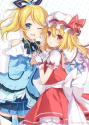 Rule 34 | 2girls, 6u (eternal land), :o, ;d, absurdres, ascot, ayase eli, bare shoulders, black ribbon, blonde hair, blouse, blue bow, blue eyes, blue neckwear, blue ribbon, blue shirt, blue skirt, blush, bow, bowtie, capelet, character name, clothing cutout, copyright name, cowboy shot, crossover, crystal, earrings, fang, flandre scarlet, frilled shirt collar, frills, gloves, hair between eyes, hair ribbon, hand up, hat, hat ribbon, highres, interlocked fingers, jewelry, long hair, long sleeves, love live!, love live! school idol festival, love live! school idol project, miniskirt, mob cap, multiple girls, one eye closed, one side up, open mouth, parted lips, petticoat, polka dot, polka dot background, ponytail, puffy short sleeves, puffy sleeves, red bow, red eyes, red ribbon, red skirt, red vest, ribbon, shadow, shirt, short sleeves, shoulder cutout, skirt, smile, standing, swept bangs, thighhighs, thighs, touhou, vest, white background, white capelet, white gloves, white hat, white legwear, white shirt, wings, yellow neckwear, zettai ryouiki