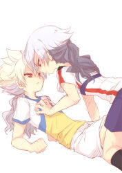 Rule 34 | 2boys, blonde hair, character request, hakuryuu (inazuma eleven), inazuma eleven, inazuma eleven (series), long hair, lying, male focus, multiple boys, ponytail, red eyes, shirt, shorts, simple background, soccer uniform, sportswear, t-shirt, tobi (one), uniform, white background, white hair, yaoi