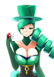 Rule 34 | 10s, 1girl, battle chatelaine, breasts, cleavage, collarbone, covered erect nipples, creatures (company), dress, drill hair, elbow gloves, game freak, gloves, green eyes, green hair, hat, huge breasts, large breasts, lips, long hair, matching hair/eyes, morgan (pokemon), nintendo, npc trainer, poke ball, pokemon, pokemon xy, smile, solo, top hat