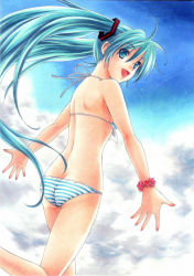 Rule 34 | 1girl, ass, bad id, bad pixiv id, bikini, butt crack, cloud, day, flat ass, green eyes, green hair, hatsune miku, long hair, looking back, matching hair/eyes, open mouth, smile, solo, striped bikini, striped clothes, swimsuit, traditional media, trimcolor, twintails, vocaloid, wristband
