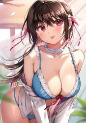 Rule 34 | 1girl, bare shoulders, black hair, blue bra, blue panties, bra, breasts, choker, cleavage, collarbone, cowboy shot, frilled bra, frilled choker, frills, front-tie bra, front-tie top, hair ribbon, highres, large breasts, leaning forward, lingerie, long hair, long sleeves, looking at viewer, nishizawa, off shoulder, open clothes, open shirt, original, panties, red eyes, ribbon, shirt, sidelocks, skindentation, solo, spaghetti strap, string bra, tongue, tongue out, underwear, white shirt