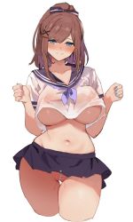 Rule 34 | 1girl, black bow, black sailor collar, black skirt, blue eyes, blue nails, blue neckerchief, blush, bow, breasts, brown hair, cleft of venus, collarbone, cowboy shot, crop top, crop top overhang, cropped legs, fingernails, hair bow, hair ornament, hands up, high ponytail, large breasts, light smile, long hair, looking at viewer, microskirt, midriff, nail polish, navel, neckerchief, nijisanji, nose blush, parted lips, partially visible vulva, pearl thong, pleated skirt, ponytail, pussy juice, red nails, sailor collar, school uniform, see-through, serafuku, shirt, short sleeves, sidelocks, simao (x x36131422), simple background, skirt, solo, standing, stomach, suzuhara lulu, thigh gap, underboob, virtual youtuber, wedgie, white background, white shirt, x hair ornament