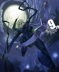 Rule 34 | 1boy, aiming, aiming at viewer, arrow (projectile), bayonet, belt, blonde hair, boots, character name, evil smile, from below, full body, full moon, fur trim, highres, male focus, melay (khrssc), moon, night, night sky, scarf, short hair, sky, smile, solo, spoilers, steve leonard, the saga of darren shan, toy block, tree, weapon