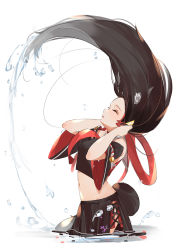 Rule 34 | 1girl, animal ear fluff, animal ears, bell, black hair, black skirt, breasts, closed eyes, commentary, cowboy shot, crop top, detached sleeves, english commentary, fang, from side, hair flip, hair ornament, hololive, kouhaku nawa, long hair, majo (pastamajo), medium breasts, midriff, multicolored hair, navel, ookami mio, ookami mio (1st costume), open mouth, pleated skirt, red hair, rope, shimenawa, simple background, skirt, solo, splashing, streaked hair, tail, two-tone hair, virtual youtuber, wading, water, water drop, white background, wolf ears, wolf tail