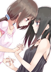 Rule 34 | 2girls, bad id, bad pixiv id, black hair, blue eyes, blush, brown eyes, brown hair, female focus, highres, holding hands, interlocked fingers, lips, looking at another, low twintails, multiple girls, nyoijizai, original, scrunchie, smile, tail, twintails, yuri