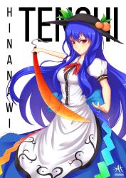 Rule 34 | 1girl, artist name, blue hair, character name, dress, food, fruit, hananon, hat, hinanawi tenshi, layered dress, long hair, looking at viewer, parted lips, peach, puffy sleeves, red eyes, ribbon, short sleeves, simple background, solo, sword of hisou, touhou, white background