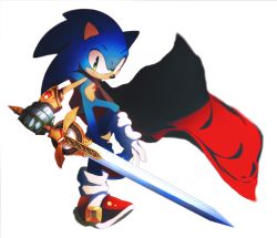 Rule 34 | 1boy, animal nose, caliburn (sonic), cape, commentary, full body, furry, furry male, gauntlets, gloves, green eyes, holding, holding sword, holding weapon, icen-hk, male focus, red cape, red footwear, shoes, simple background, sneakers, solo, sonic (series), sonic and the black knight, sonic the hedgehog, sword, weapon, white background, white gloves