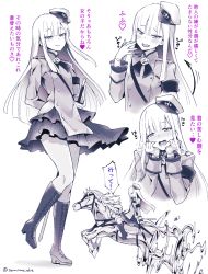 Rule 34 | 1girl, blush, boots, commentary request, cross-laced footwear, demon tail, fang, fate/grand order, fate (series), flower, gloves, greyscale, hat, heart, highres, horse, jacket, lace-up boots, long hair, long sleeves, looking at viewer, lord el-melloi ii case files, monochrome, open mouth, reines el-melloi archisorte, sitting, skin fang, skirt, solo, tail, translation request, yamamori maitake