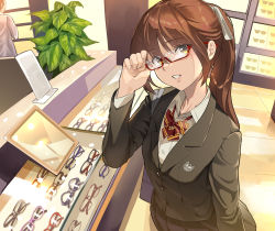 Rule 34 | 1girl, absurdres, adjusting eyewear, bag, black jacket, black skirt, blazer, bow, bowtie, brown eyes, brown hair, collared shirt, commentary request, display, glasses, hair ornament, hand in pocket, highres, indoors, jacket, long hair, long sleeves, looking at viewer, open mouth, original, plant, pleated skirt, ponytail, price tag, red-framed eyewear, red bow, school bag, school uniform, shirt, shop, shopping, skirt, smile, solo focus, tile floor, tiles, white shirt, yewang19