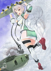 Rule 34 | 10s, 1girl, :d, absurdres, aircraft, airplane, akitsushima (kancolle), anchor, armpits, arms up, earrings, from behind, gloves, high heels, highres, jewelry, kanmiya shinobu, kantai collection, looking at viewer, looking back, miniskirt, nishikitaitei-chan, one eye closed, open mouth, purple eyes, purple hair, ribbon, scarf, side ponytail, sidelocks, skirt, smile, snow, thigh strap, thighhighs, tree