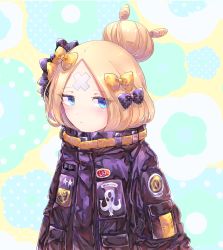 Rule 34 | 1girl, abigail williams (fate), abigail williams (traveling outfit) (fate), alternate hairstyle, bandaid, bandaid on face, bandaid on forehead, belt, black bow, black hat, black jacket, blonde hair, blue eyes, bow, closed mouth, crossed bandaids, fate/grand order, fate (series), forehead, fuji den fujiko, hair bow, hair bun, hat, heroic spirit traveling outfit, high collar, jacket, long hair, looking at viewer, official alternate costume, orange bow, parted bangs, polka dot, polka dot bow, single hair bun, solo
